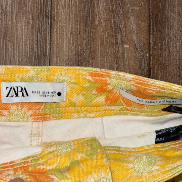 Zara Wide Leg Jeans High Rise Marine daisy Floral 70s Yellow - Picture 7 of 12